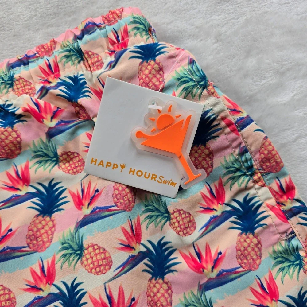 Happy Hour Swim Trunks Mens XL‎ Pink Pineapple Tropical Floral Pina Colada NEW